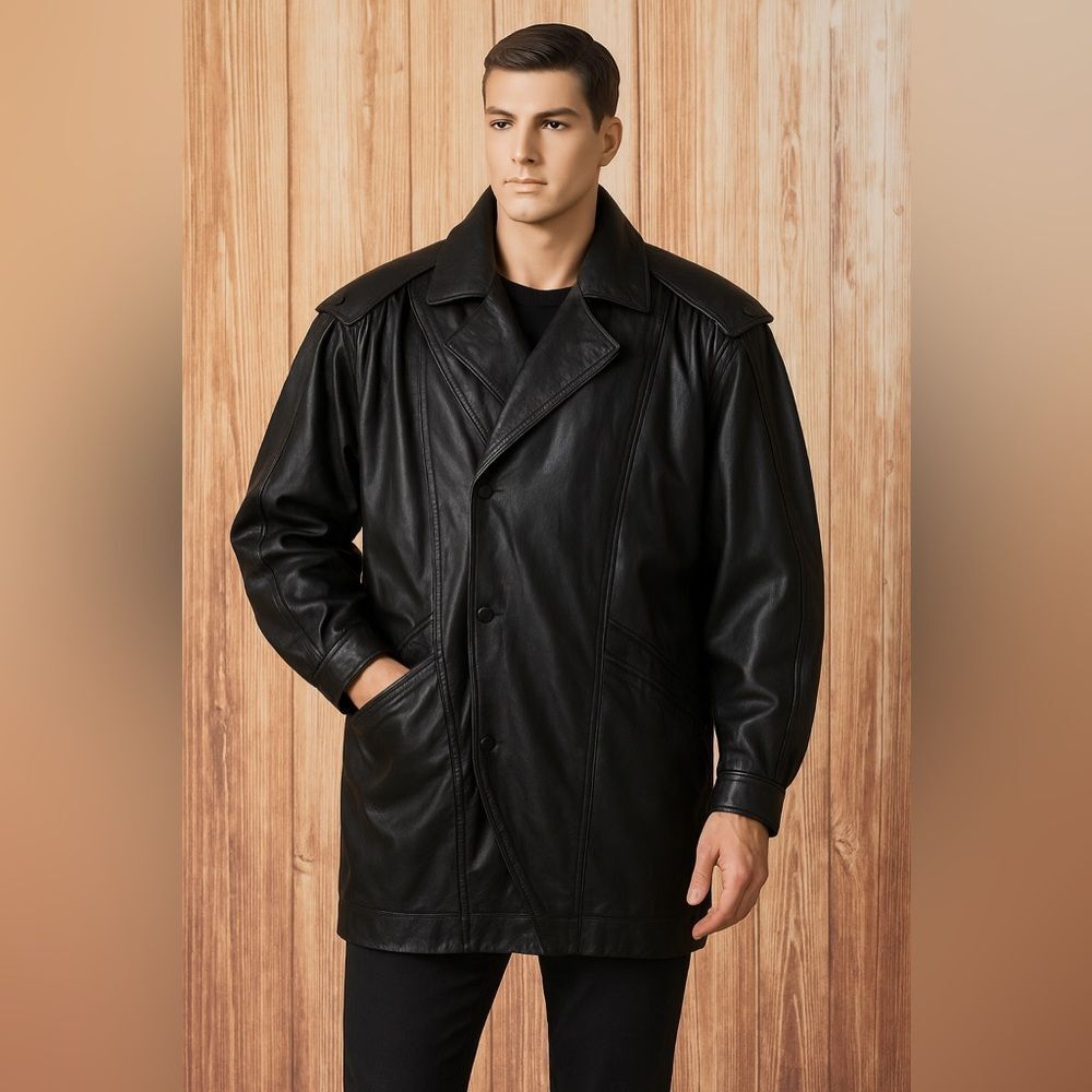 Rocco New York Vintage 80s Black Leather Oversized Jacket Coat Men’s Medium